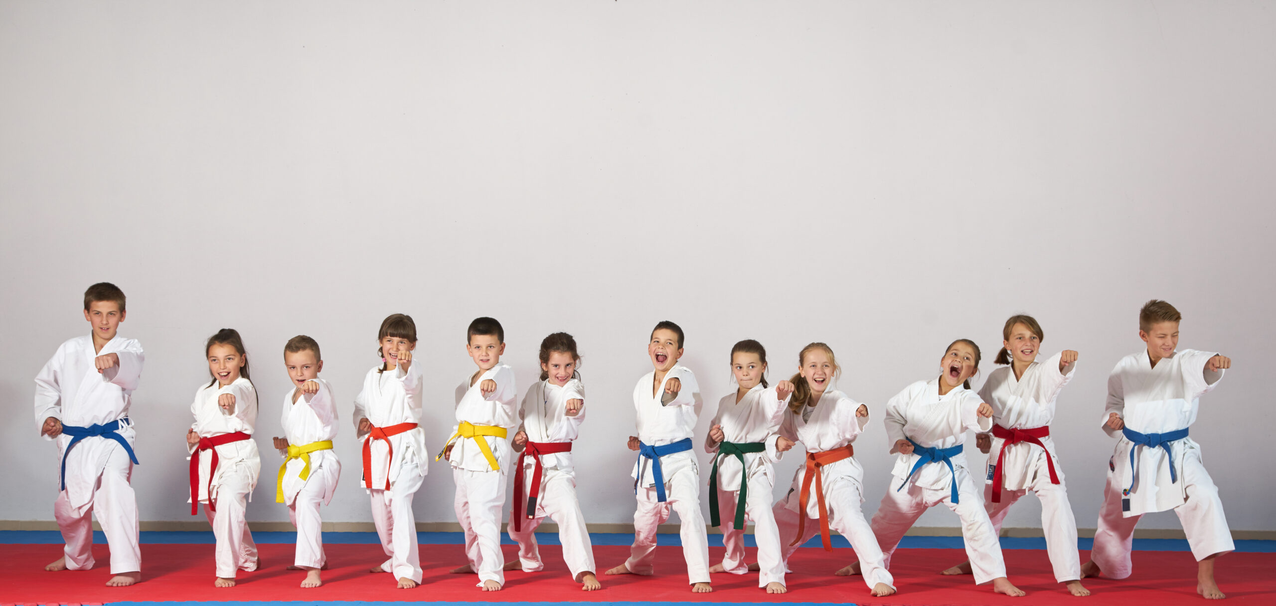 Kids karate class practicing stances